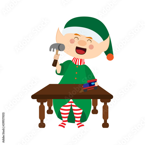 Happy christmas elf cartoon making some toys. Vector illustration