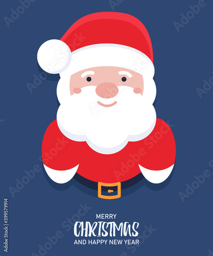 Vector concept of New Year holiday card. Santa Claus in half growth smiles and wishes everyone a Happy New Year and Merry Christmas. Gift card to friends, relatives and relatives. New Year 2021. © Dreykon