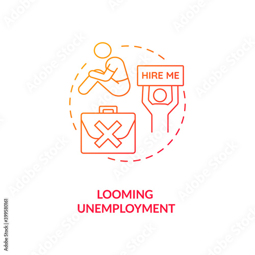Looming unemployment red gradient concept icon. Difficulty getting hired. Prospect of losing job. No work. Bankruptcy idea thin line illustration. Vector isolated outline RGB color drawing