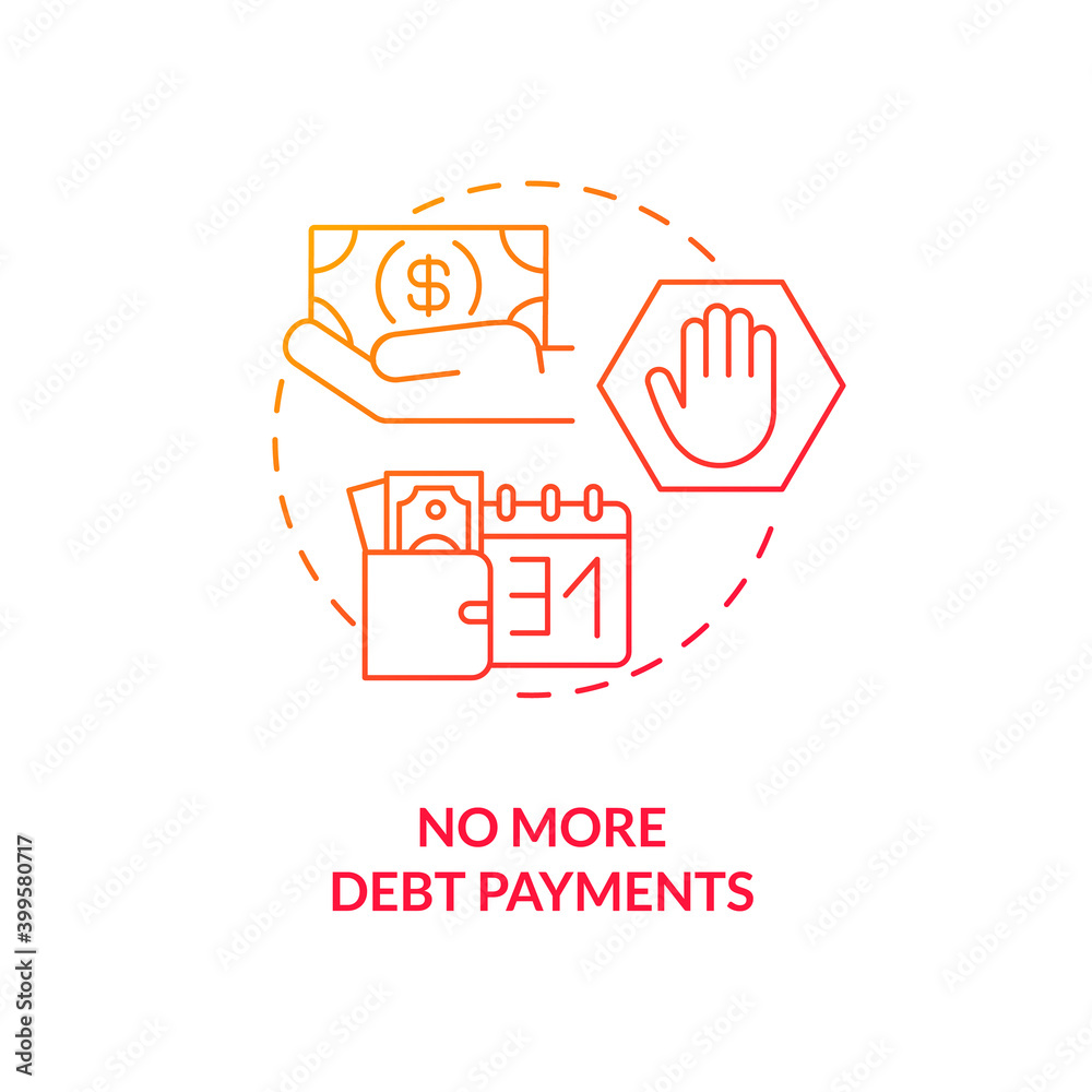 No more debt payment red gradient concept icon. Financial independence. Money savings. Credit free. Bankruptcy idea thin line illustration. Vector isolated outline RGB color drawing No more debt payment red gradient concept icon. Financial independence. Money savings. Credit free. Bankruptcy idea thin line illustration. Vector isolated outline RGB color drawing