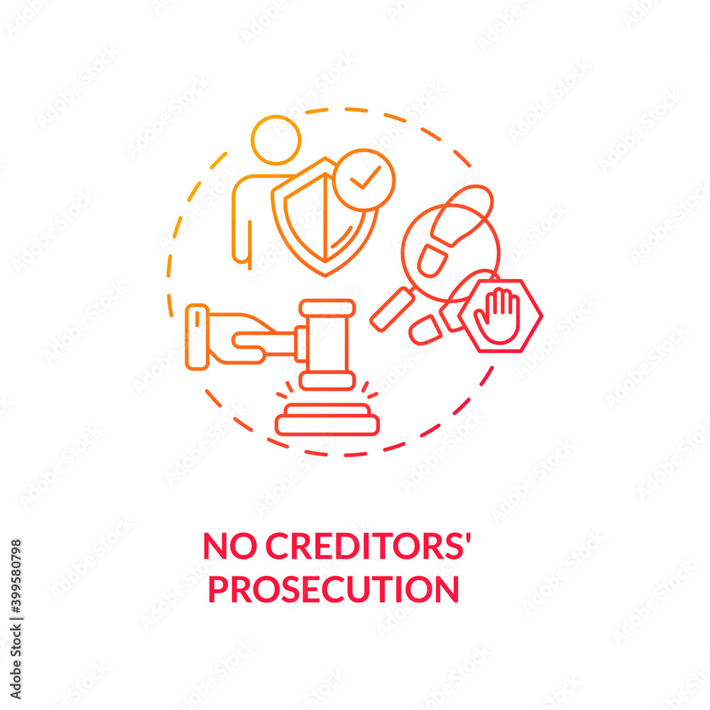 No creditors prosecution red gradient concept icon. Prevent legal act for debtor. No financial crisis. Debt free. Bankruptcy idea thin line illustration. Vector isolated outline RGB color drawing No creditors prosecution red gradient concept icon. Prevent legal act for debtor. No financial crisis. Debt free. Bankruptcy idea thin line illustration. Vector isolated outline RGB color drawing