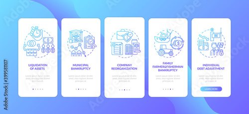 Business bankruptcy dark blue onboarding mobile app page screen with concepts. Liquidation of asset. Debt walkthrough 5 steps graphic instructions. UI vector template with RGB color illustrations