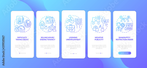 Bankruptcy negative impact dark blue onboarding mobile app page screen with concepts. Difficulty taking credit walkthrough 5 steps graphic instructions. UI vector template with RGB color illustrations