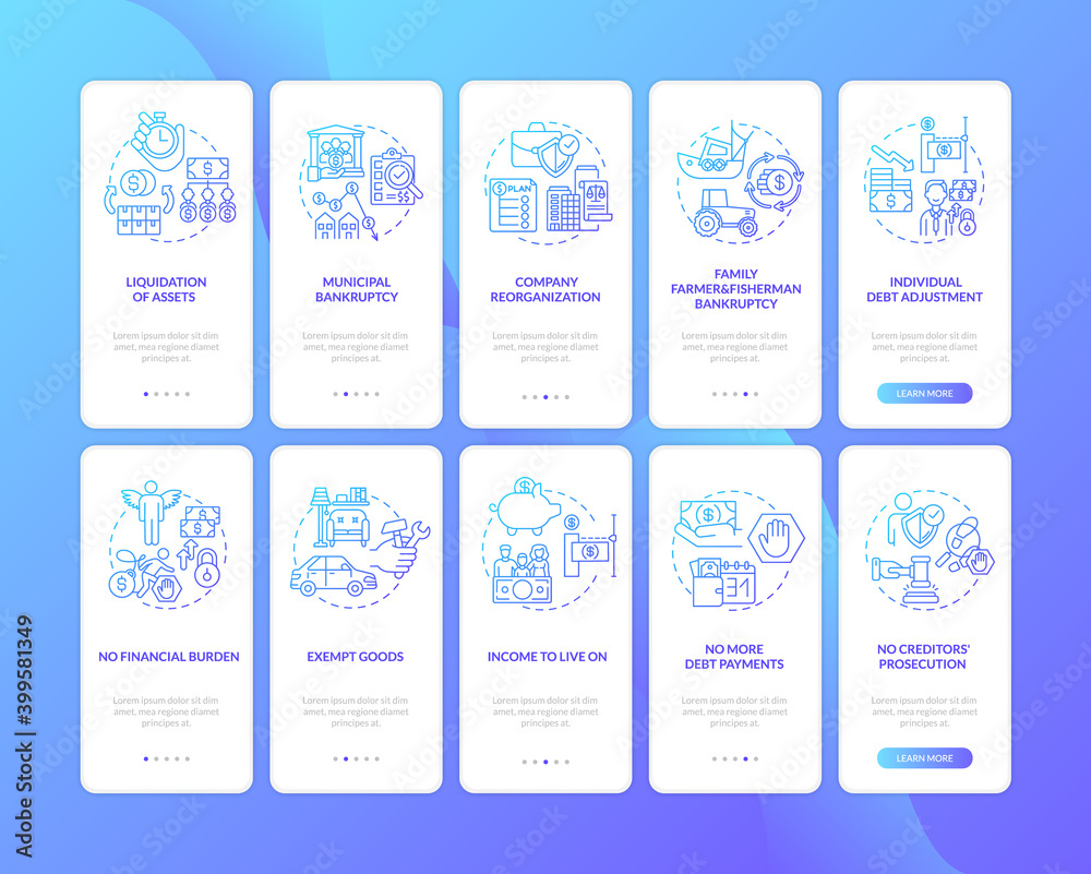 Bankruptcy dark blue onboarding mobile app page screen with concepts. Financial burden during pandemy walkthrough 5 steps graphic instructions. UI vector template with RGB color illustrations