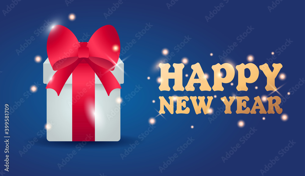 Fototapeta premium Vector concept of greeting banner for new year or christmas. A beautiful large white gift with a red ribbon sparkles in anticipation of its opening.