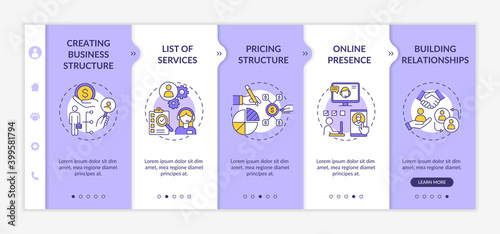 Startup company development onboarding vector template. Self employed worker. Freelancer strategy. Responsive mobile website with icons. Webpage walkthrough step screens. RGB color concept