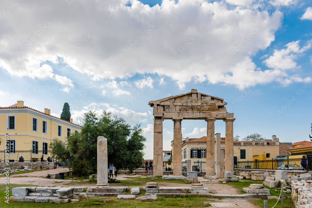 Gate of Athena Archegetis view from street in Athens Gate of Athena Archegetis view from street in Athens