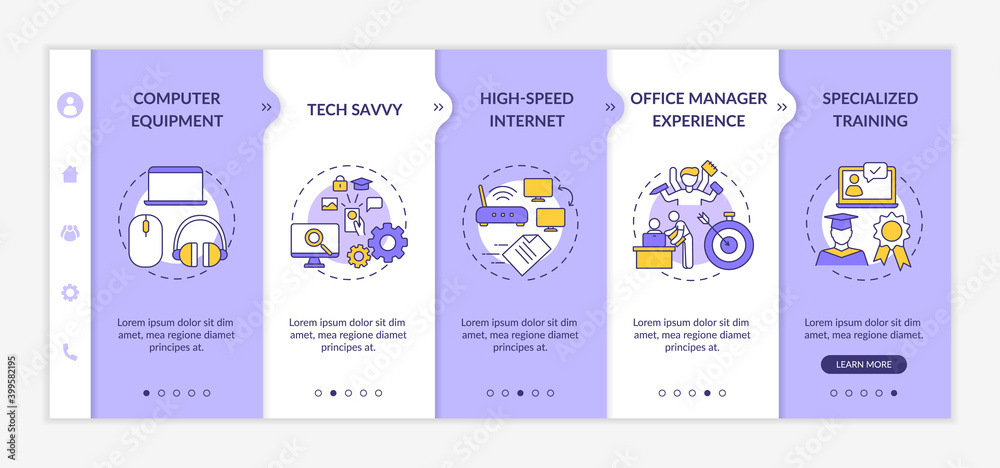 Virtual assistant requirements onboarding vector template. Office manager experience. Specialized training. Responsive mobile website with icons. Webpage walkthrough step screens. RGB color concept