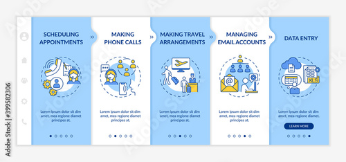 Virtual assistant tasks onboarding vector template. Professional VA responsibilities. Administrative work. Responsive mobile website with icons. Webpage walkthrough step screens. RGB color concept