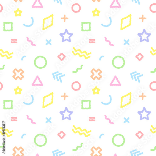 Memphis style seamless geometric pattern. Vector colorful pastel pattern from geometric figures on white background. Circles, triangles, stars, crosses, other shapes. Vector Memphis style illustration
