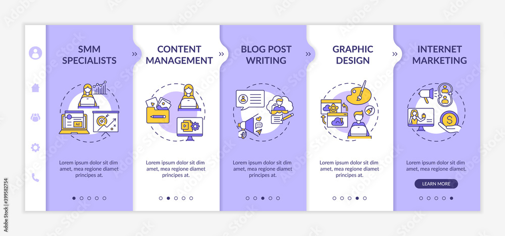 Digital marketing onboarding vector template. SMM specialist. Content management. Blog post writing. Responsive mobile website with icons. Webpage walkthrough step screens. RGB color concept