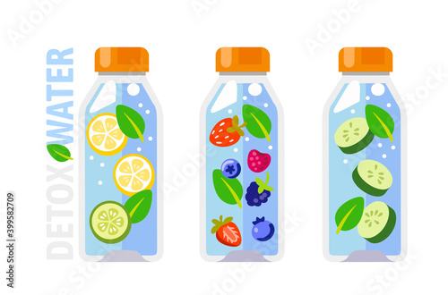 detox water in glass bottle with berries and vegetables