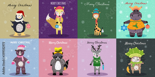 Christmas Animals Card Set cute hippo, fox, bear, hedgehog, raccoon, deer, penguin, giraffe. Hand drawn collection characters illustration vector