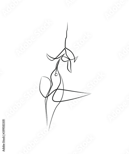 Hummingbird and flower in one line. Black line vector illustration on white background