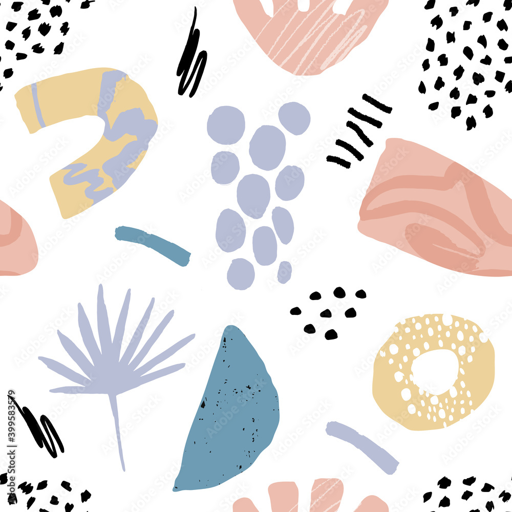 Abstract seamless pattern in trendy style with botanical and geometric elements, textures. Trendy pastel colors. Abstract seamless pattern in trendy style with botanical and geometric elements, textures. Trendy pastel colors.