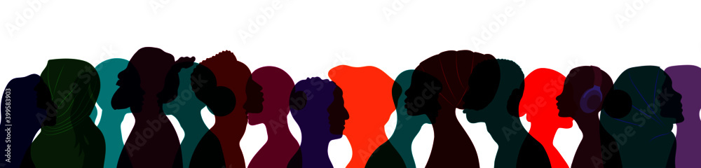 Silhouettes of diverse multiethnic and multiracial people. Profiles of men and women. The concept of racial equality and anti-racism. Multicultural society. Friendship of peoples of different continen