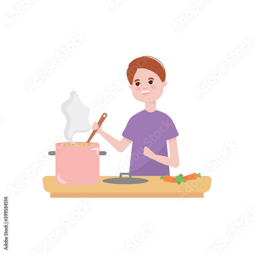 cartoon happy boy cooking stirring a pot, colorful design
