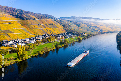 Aerial view, Moselle, vineyards in autumn, Graach, Fog, Aerea Bernkastel-kues, Rhineland-Palatinate, Germany photo