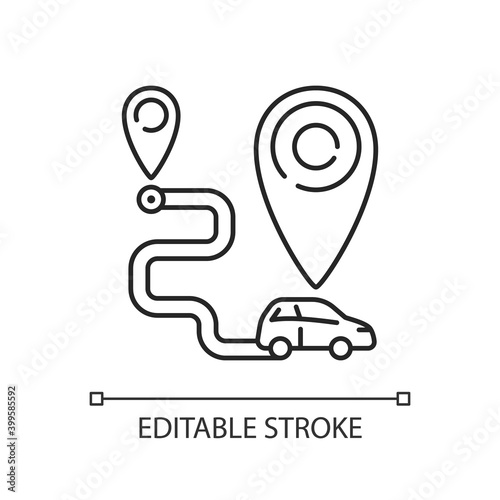 One way carsharing linear icon. Type of carsharing that enables users to begin and end their trip. Thin line customizable illustration. Contour symbol. Vector isolated outline drawing. Editable stroke