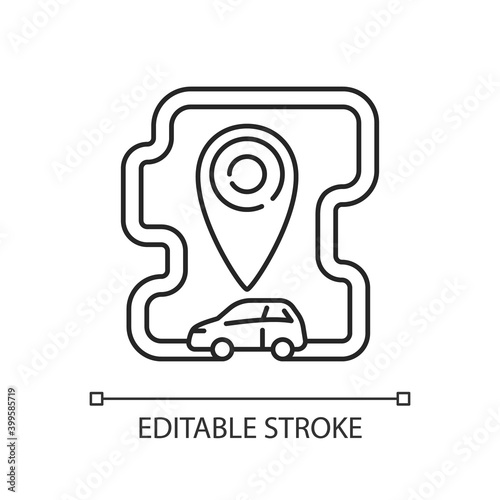 Roundtrip carsharing linear icon. Model of car rental where people rent cars. Get automobile. Thin line customizable illustration. Contour symbol. Vector isolated outline drawing. Editable stroke