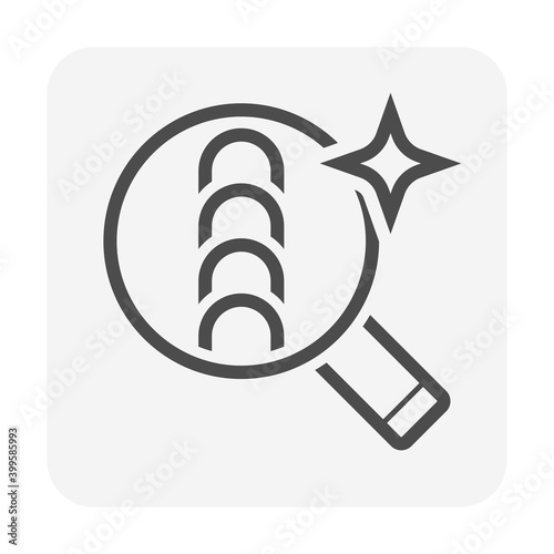 Weld inspection or check icon. Consist of workpiece, welding fillet and magnifying glass tool. That is method to visual check or assure quality of weld and confirm the presence, location and coverage.