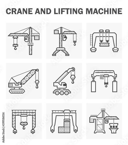 Crane vector icon and lifting equipment i.e. tower, gantry, crawler, mobile, overhead, container. For import export business and industry i.e. construction, shipping transportation and production.
