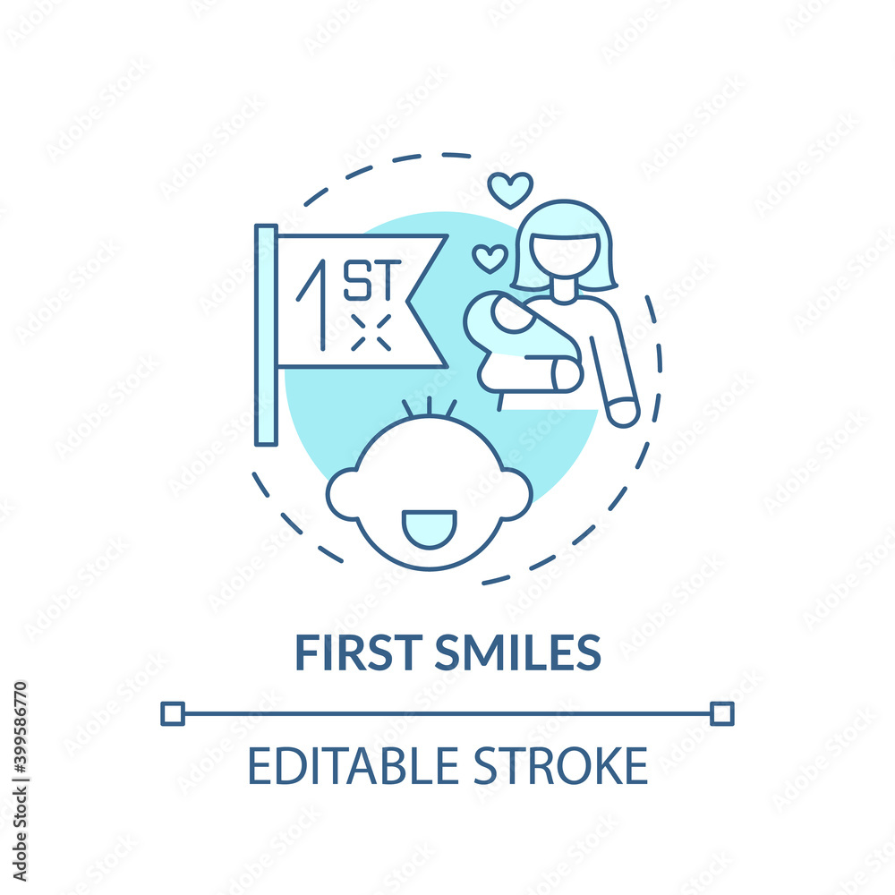 First smiles turquoise concept icon. Baby facial expression. Newborn emotion. Early childhood development idea thin line illustration. Vector isolated outline RGB color drawing. Editable stroke