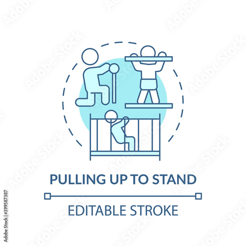 Pulling up to stand turquoise concept icon. First step to walking. Physical ability. Early childhood development idea thin line illustration. Vector isolated outline RGB color drawing. Editable stroke
