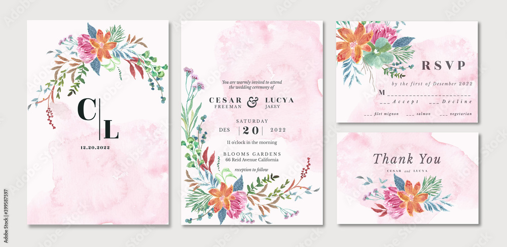 Wedding invitation suite with bautiful floral garden watercolor
