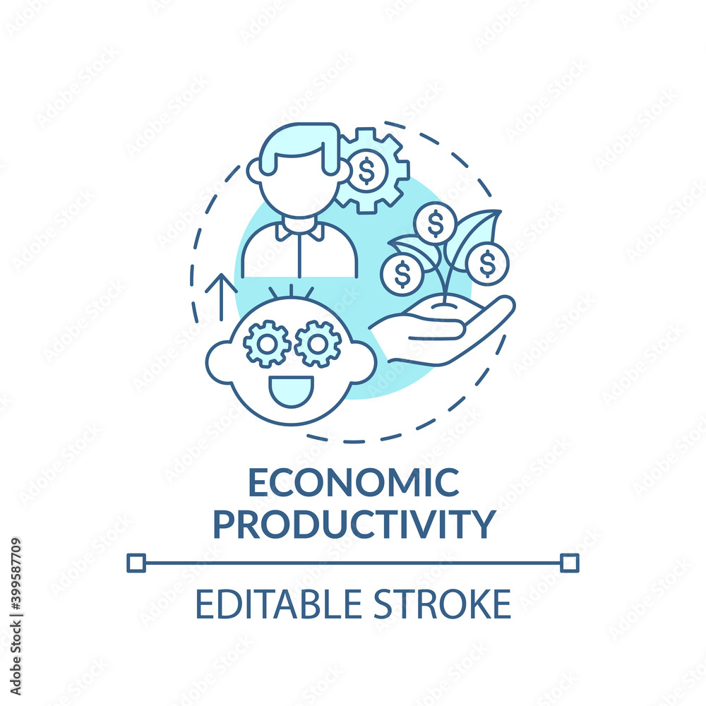 Economic productivity turquoise concept icon. Teach child, educate kid. Early childhood development idea thin line illustration. Vector isolated outline RGB color drawing. Editable stroke Economic productivity turquoise concept icon. Teach child, educate kid. Early childhood development idea thin line illustration. Vector isolated outline RGB color drawing. Editable stroke
