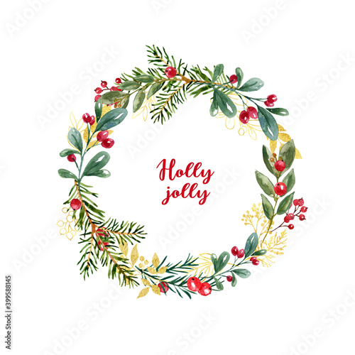 Hand painted Christmas wreath with watercolor winter greenery, leaves, gold e...