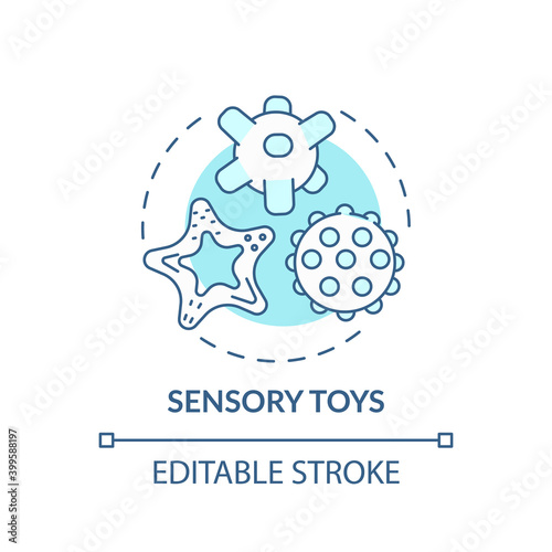 Sensory toys turquoise concept icon. Montessori method. Baby with special needs. Early childhood development idea thin line illustration. Vector isolated outline RGB color drawing. Editable stroke