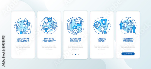 Childhood development blue onboarding mobile app page screen with concepts. Personal responsibility growing up walkthrough 5 steps graphic instructions. UI vector template with RGB color illustrations