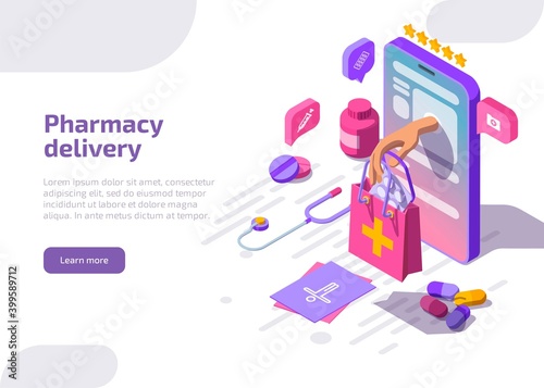 Pharmacy delivery banner. Online drugstore service. Vector landing page with isometric smartphone and hand give bag with medicine drugs, pills, medicaments and medical supplies on white background