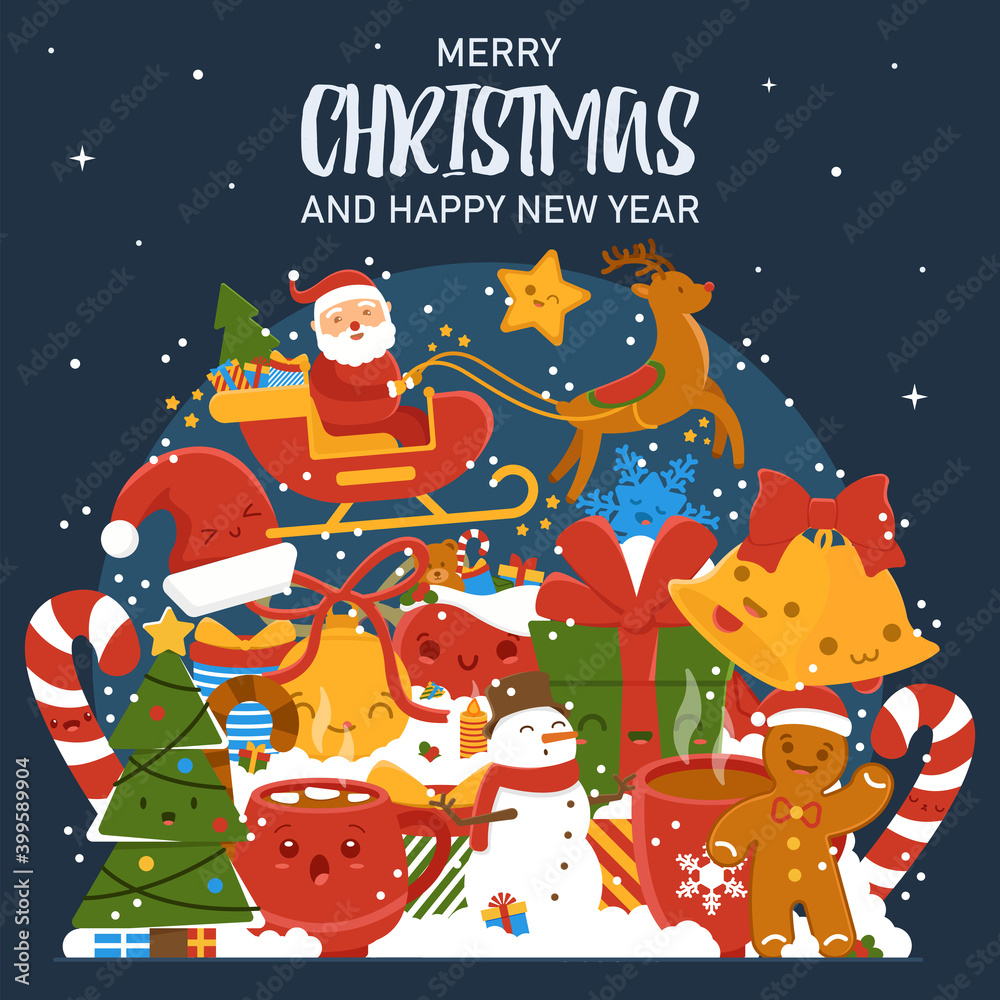 A beautiful large illustration with lively New Year attributes. Gift, santa and deer, hat, sweaters, bells, gingerbread man, bag of gifts, snowman, tree, cup of coffee, etc. Concept of a banner.