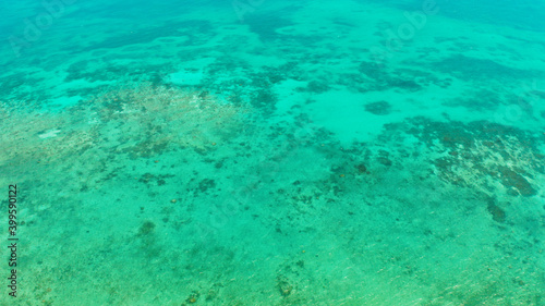 Fototapeta Naklejka Na Ścianę i Meble -  Sea water surface in lagoon with coral reef copy space for text. Top view transparent turquoise ocean water surface. background texture