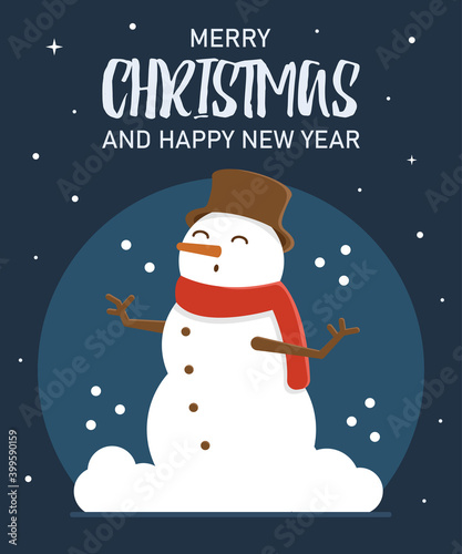 A snowman in a New Year's hat stands in a pile of snow and sleeps. New Year's snowy atmosphere. Merry christmas and a merry new year. Banner concept for website or print.