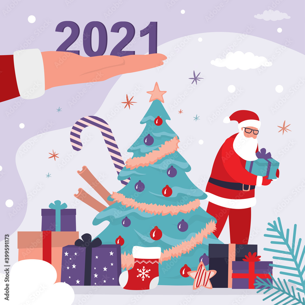Big hand holds 2021 year numbers. Santa Claus with gifts. Traditional christmas tree, various presents. New year celebration
