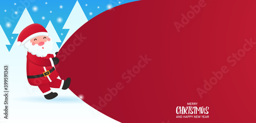 Vector web banner concept. Santa Claus pulls a huge red bag for gifts. Merry Christmas and a Happy New Year. A place for text where you can write wishes or any other text. EPS 10. Gradient.