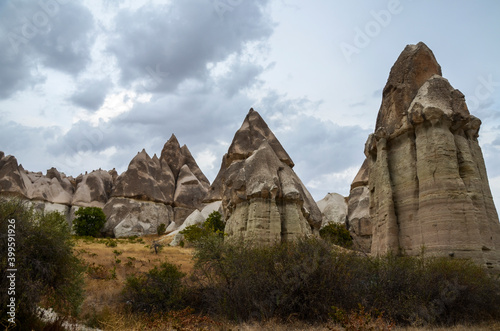 Beautiful view with fabulous landscapes of the mountains of volcanic origin of Cappadocia Goreme, Tur