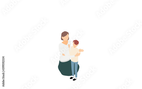 アイソメトリック、母親に甘える小さな子供 © TKM