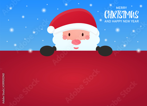 Vector concept of Christmas banner, background. Santa Claus is holding a blank red background on which you can write your festive text. Happy New Year. Christmas theme, discounts and sweepstakes