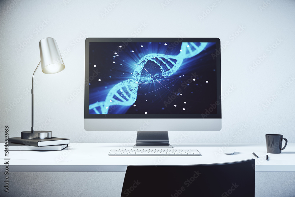 Fototapeta premium Creative DNA sketch on modern laptop monitor, biotechnology and genetic concept. 3D Rendering