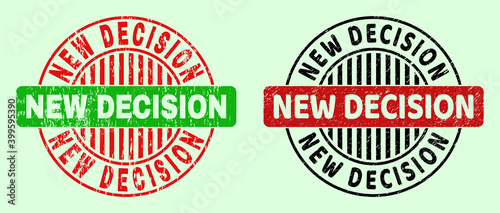 NEW DECISION bicolor round watermarks with distress style. Flat vector distress watermarks with NEW DECISION caption inside round shape, in red, black, green colors. Rounded bicolor watermarks.