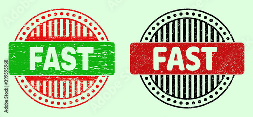 FAST bicolor round watermarks with distress texture. Flat vector scratched stamps with FAST phrase inside round shape, in red, black, green colors. Round bicolor seal stamps.