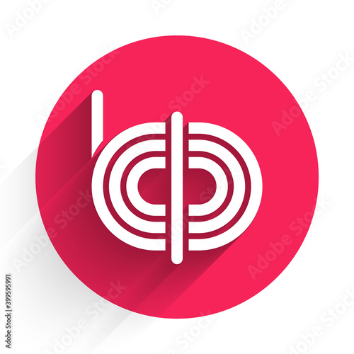 White Climber rope icon isolated with long shadow. Extreme sport. Sport equipment. Red circle button. Vector.
