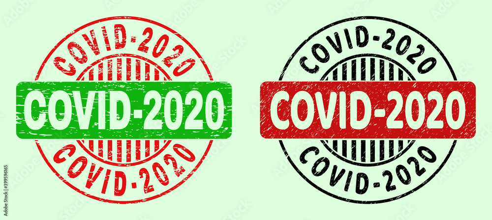 COVID-2020 bicolor round imprints with distress surface. Flat vector distress seal stamps using COVID-2020 caption inside round shape, in red, black, green colors. Rounded bicolor seal stamps. COVID-2020 bicolor round imprints with distress surface. Flat vector distress seal stamps using COVID-2020 caption inside round shape, in red, black, green colors. Rounded bicolor seal stamps.