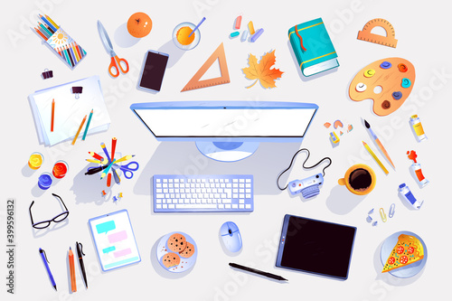 Top view vector set of workplace items