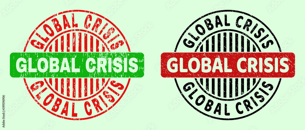 GLOBAL CRISIS bicolor round watermarks with unclean style. Flat vector distress watermarks with GLOBAL CRISIS title inside circle, in red, black, green colors. Rounded bicolor watermarks. GLOBAL CRISIS bicolor round watermarks with unclean style. Flat vector distress watermarks with GLOBAL CRISIS title inside circle, in red, black, green colors. Rounded bicolor watermarks.