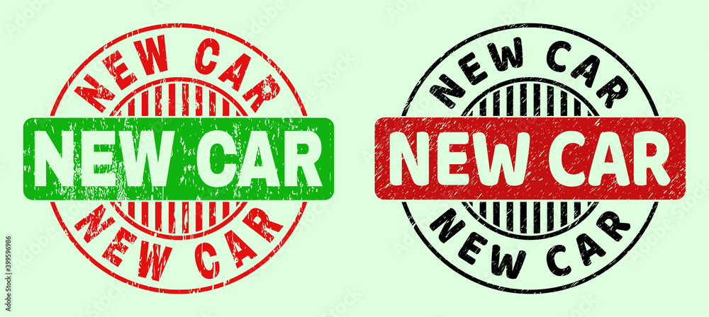NEW CAR bicolor round rubber imitations with distress surface. Flat vector grunge seal stamps with NEW CAR phrase inside round shape, in red, black, green colors. Round bicolour seal stamps. NEW CAR bicolor round rubber imitations with distress surface. Flat vector grunge seal stamps with NEW CAR phrase inside round shape, in red, black, green colors. Round bicolour seal stamps.